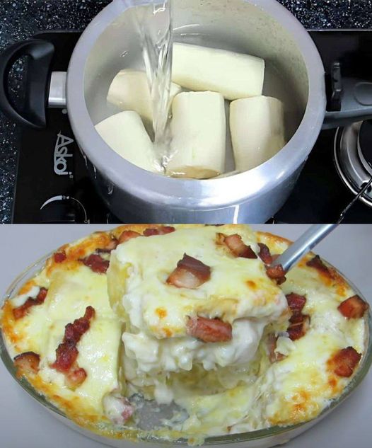 Receita Deliciosa Mandioca Gratinada com Bacon